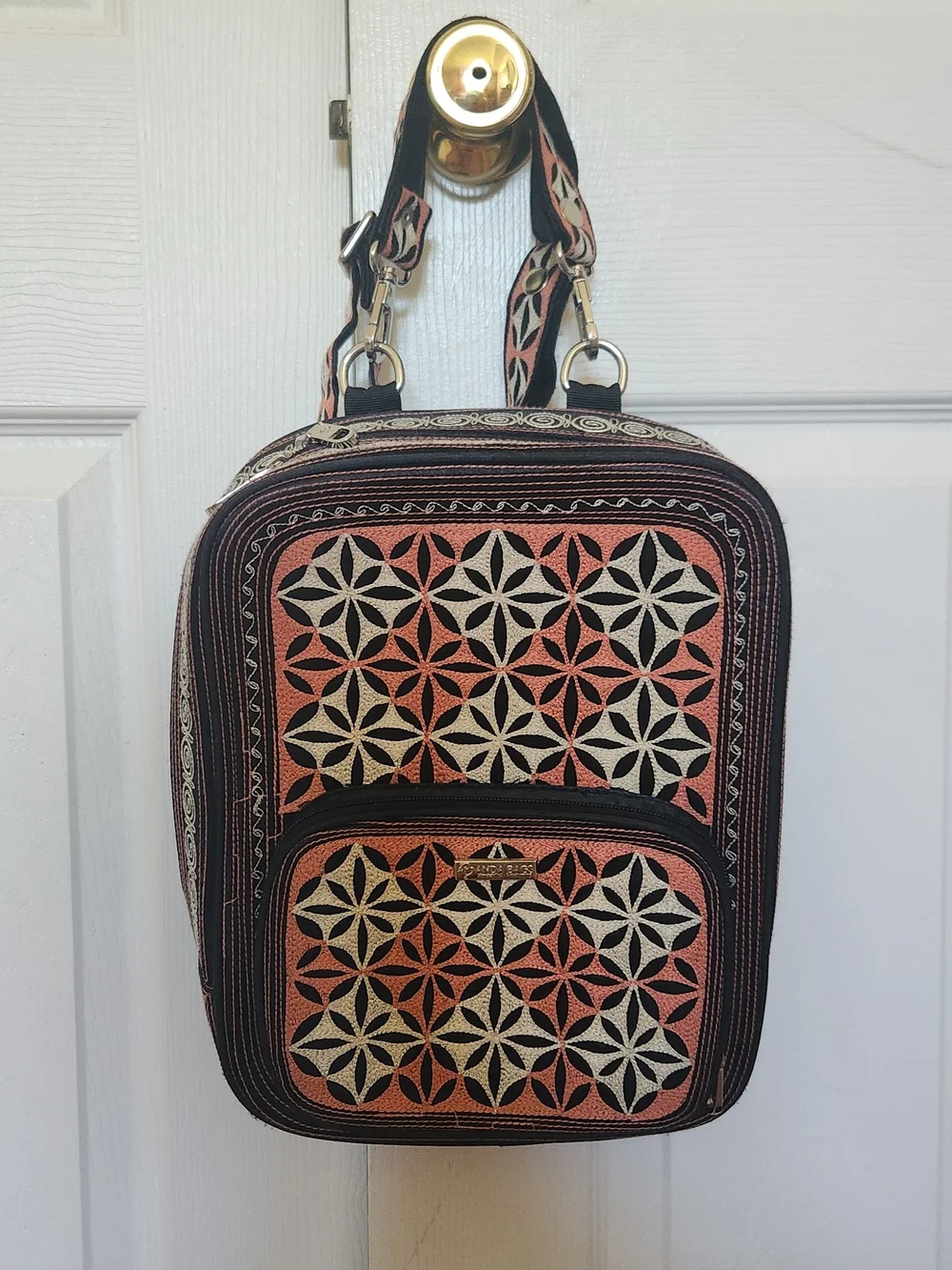 Geometric Coral & Cream Patterned Backpack Crossbody